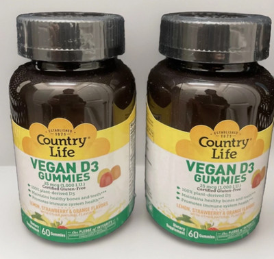 2x Country Life Vegan Vitamin D3 Gummies 100% plant-derived D3 25mcg, 1000 IU