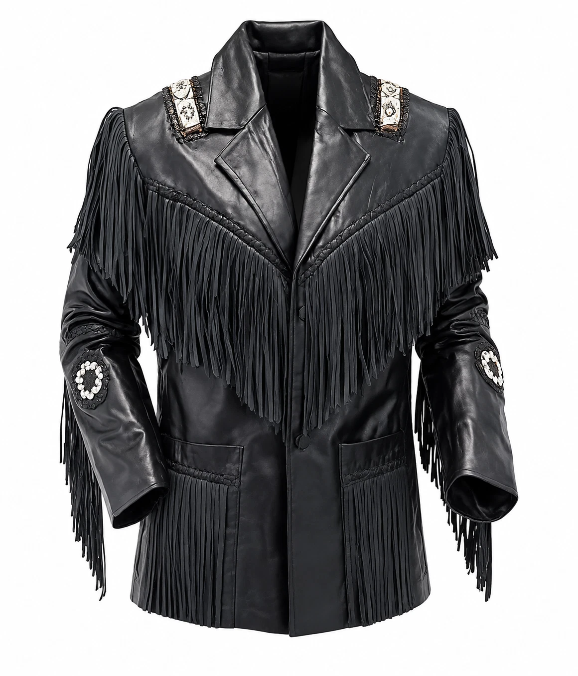Men’s Black Fringe Leather Jacket Western Cowboy Tassel Vintage Biker Coat