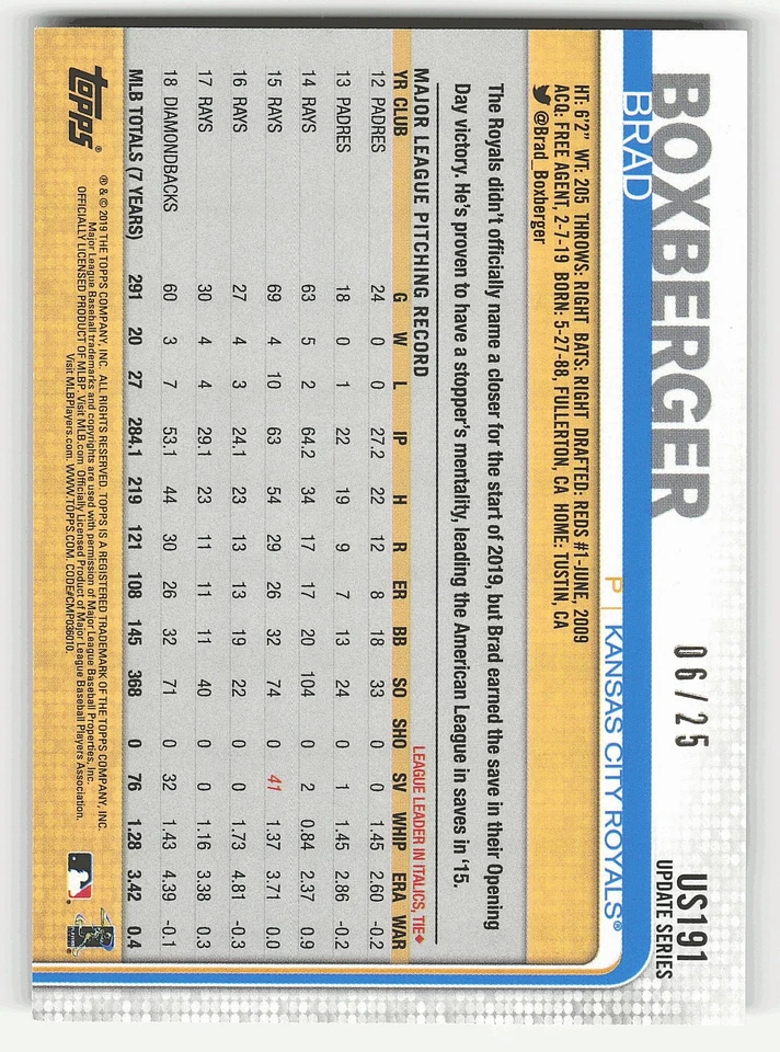 2019 Topps Update #US191 Brad Boxberger Memorial Day Camo #/25 - Image 2 of 2