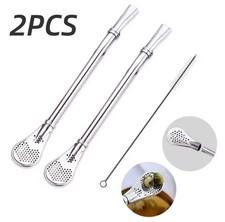 2er Mate Tee Löffel Set Edelstahl Bombilla mit Filter & Reinigungsbürste Silber