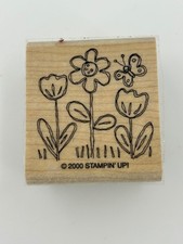 Stampin' Up Wood Mounted Rubber Stamp Flowers Butterfly Floral 1.75" sq