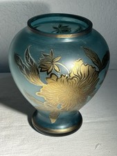 Antique Thomas Webb & Sons Satin Art Floral Glass Turquoise Vase, Blue & Gold