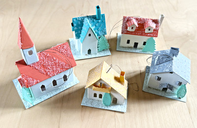 Christmas Village Ornaments- Set of 5- Snow Sparkles-Paper Constructed