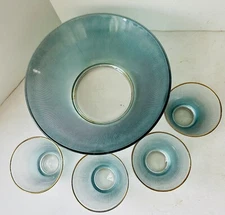 Vintage MCM Blendo 5 Bowl Set Ombré Frosted Blue Gold Rims Rib Texture