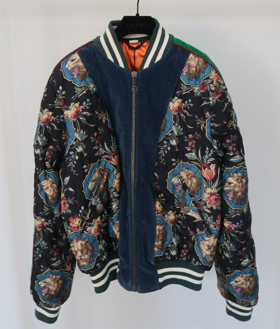GUCCI sz IT 46 US S Mens Grotesque Lion Garden Print Silk Bomber Jacket RRP 3200 GUCCI sz IT 46 US S Mens Grotesque Lion Garden Print Silk Bomber Jacket RRP 3200