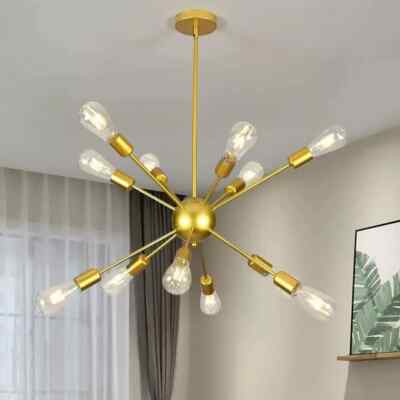 1950s Mid Century Chandelier with 8 Light Brushed Brass Pendant Contemporary