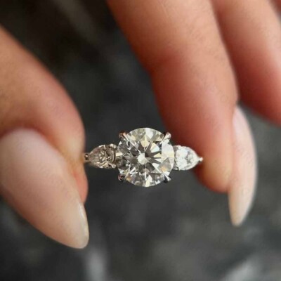 2.4Ct Round Moissanite Three Stone Wedding Engagement Ring 14k White Gold Plated