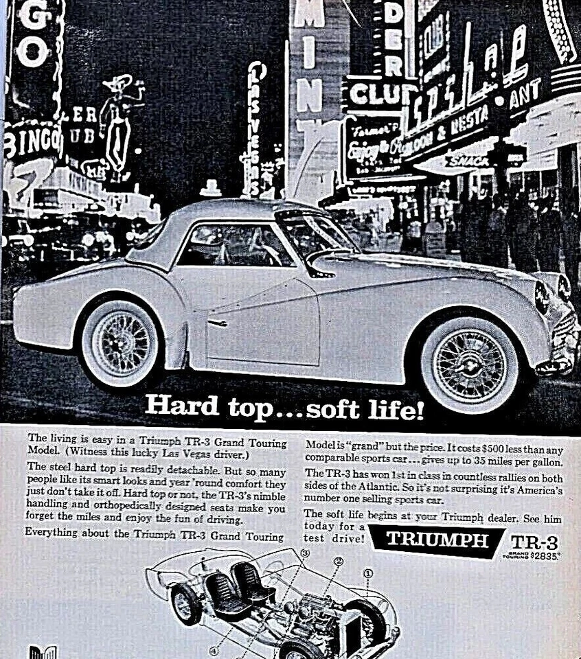 1959 Triumph TR3 Vintage Las Vegas-Hard Top Soft Life Original Print Ad 8.5 x 11 - Image 2 of 3