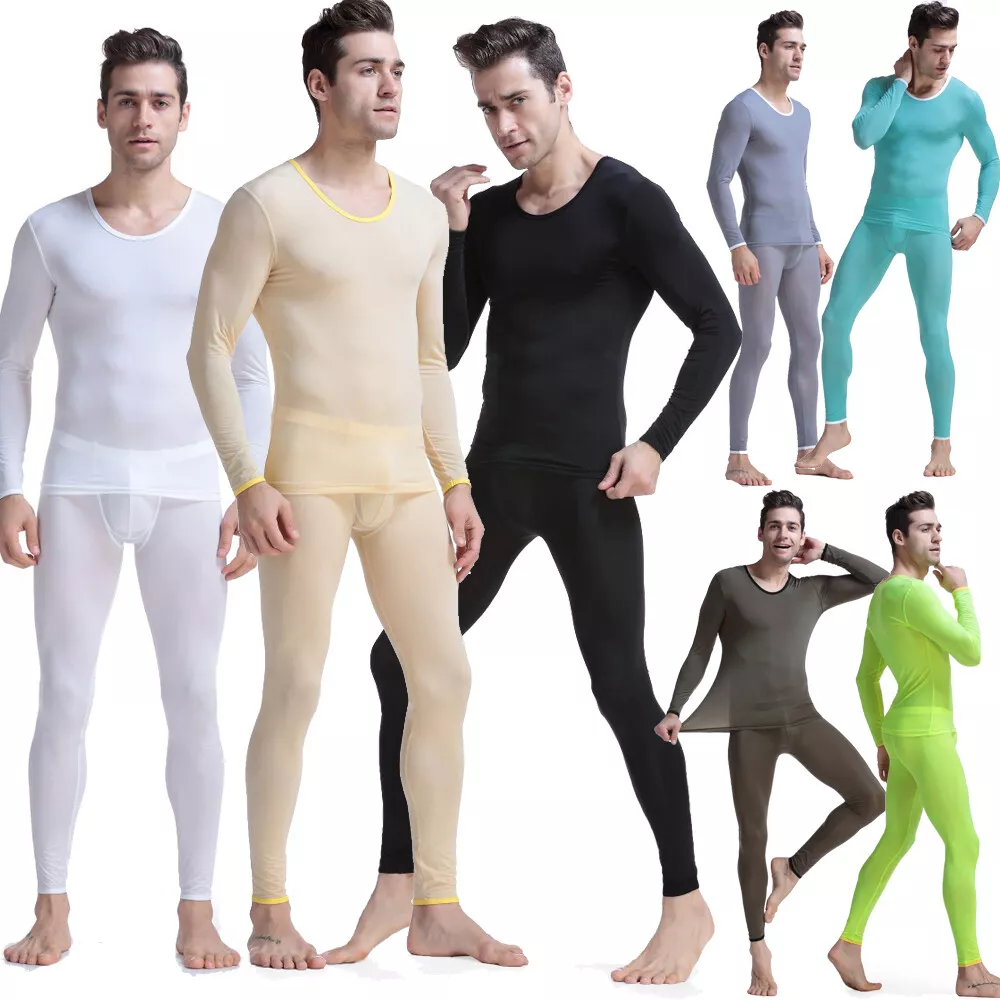 Mens Ice Silk Undershirt Set U Bugle Pouch Ice Silk Long Johns Set Sleepwear