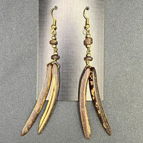 Handcrafted Brass Tone and Wood Earrings - Picture 1 of 5