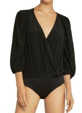  228 NWT BCBGMAXAZRIA SzXS SILK PLEATED SHOULDER FAUX WRAP BODYSUIT BLACK