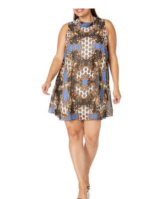 Sharagano Women's Mock Neck Chiffon Dress Blue/Gold Multi Print Size 6 mujer