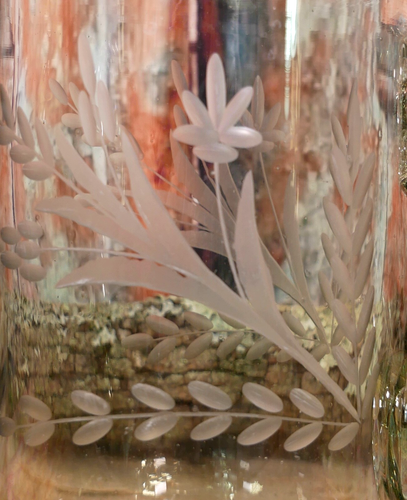 Tall Glass Pitcher Handblown Etched Plants Wheel Cut Pale Green Mexican Folk Art - Picture 2 of 18