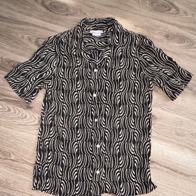 Zara Men's S Black Polyester Abstract Button-Up Shirt Short Sleeve Spread