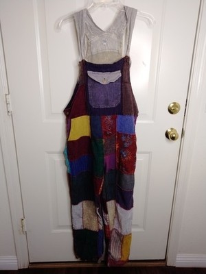 Rhea Boho Patchwork Overalls Medium Straight Leg Colorful Hippie Casual Cotton