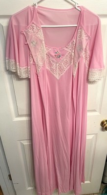 Vtg 70s Gossard Artemis Nightgown Robe 2 pc Set Nylon Lace Peignoir PINK Small