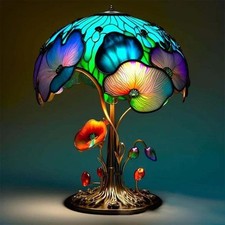 Vintage Table Lamp Stained Glass Resin Mushroom Plant Flower Bedroom Decoration