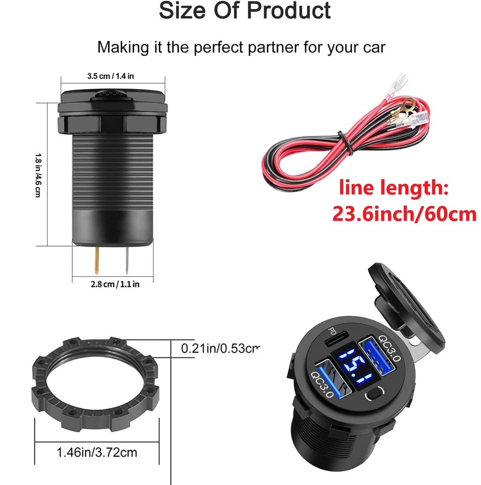 LOTE Voltímetro LED Cargador Rápido Coche 12V-24V PD+QC3.0 Doble USB Toma de corriente Foto 4 de 4