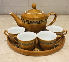 Vtg 7Pc Asian Bamboo Weave Wrapped Porcelain Tea Saki Set w/ Plate Teapot Cups