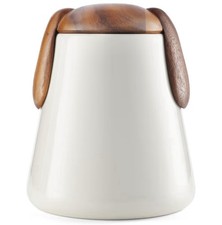 Nambe Dog Treat Jar Pet Food Storage Container Puppy Ears Porcelain Acacia Wood