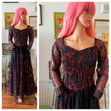    Vintage 90s Black Red Glitter Floral Mesh Gothic Princess Ball Gown Dress M