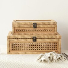 Rattan and Cane Stacking Boxes with Glass Top Lid - Set of 2 for Boho
