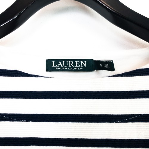 Lauren Ralph Lauren White Navy Stripe 3/4 Sleeve Boat Neck Rib Blouse - Size S - Picture 15 of 23