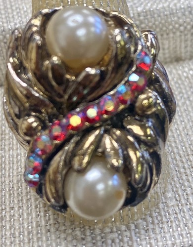 Vintage Faux Pearl & Aurora Borealis Rhinestone Adjustable Cocktail Ring, - Picture 2 of 9