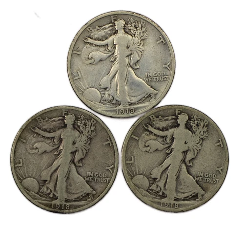 1918 P D S TRIO Walking Liberty Silver Half Dollar Set VG-F+ 50c
