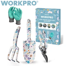 WORKPRO 4PC Aluminum Hand Garden Tool Set Trowel Rake Pruner Garden Gloves w/Box