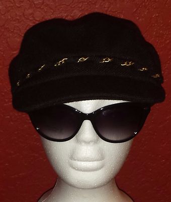 HAT ATTACK NWT $54 black with gold chain wool newsboy hat cap one size 