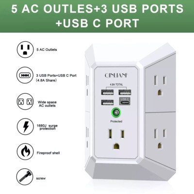 5 Outlet Extender Surge Protector Multi Plug Wall Adapter USB Charger Ports with