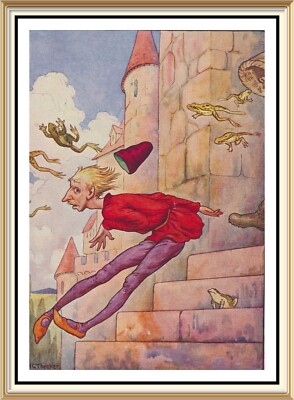 Original Old Antique Theaker Print Grimms Fairy Tale KING EXCEEDINGLY ANGRY Frog