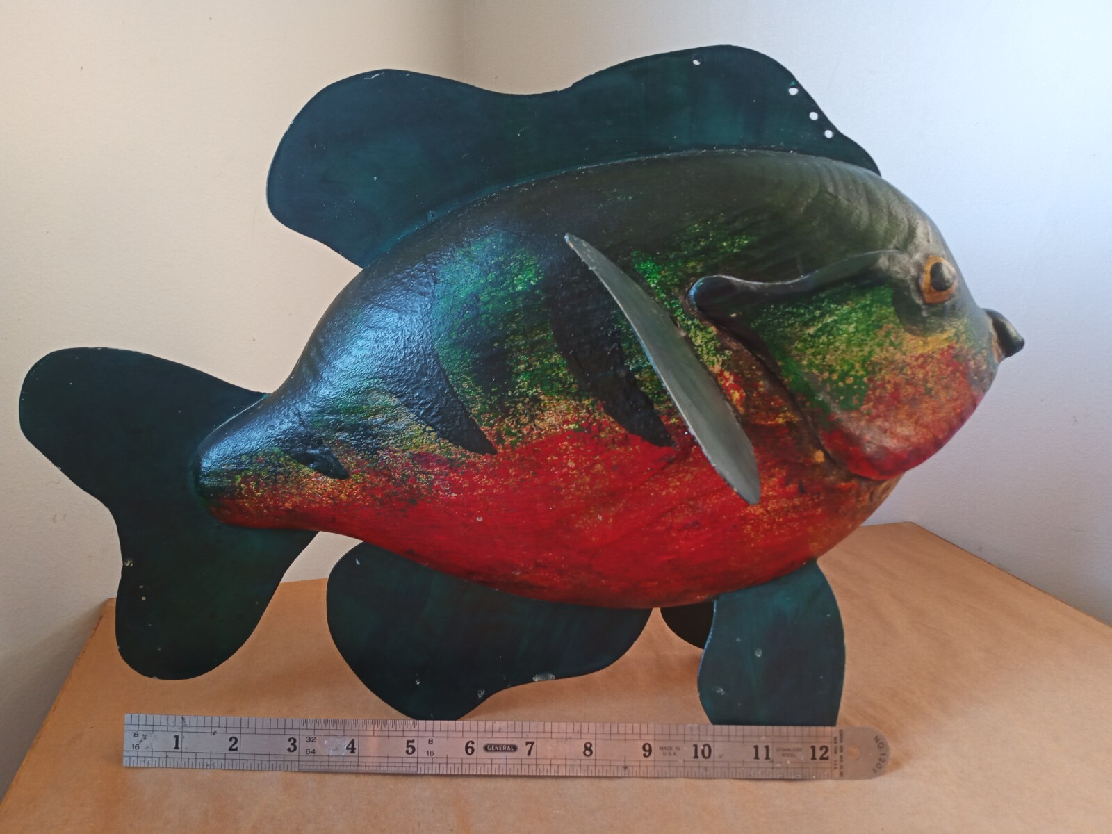 Vtg Carved Wooden Spearing Fish Sunfish Decoy P. Campbell Folk art 18"