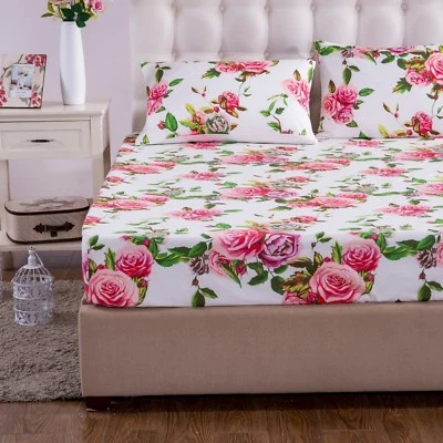 DADA BEDDING COLLECTION DaDa Bedding Romantic Roses Pink Floral Garden Fitted Bed Sheet w/ Pillow Cases