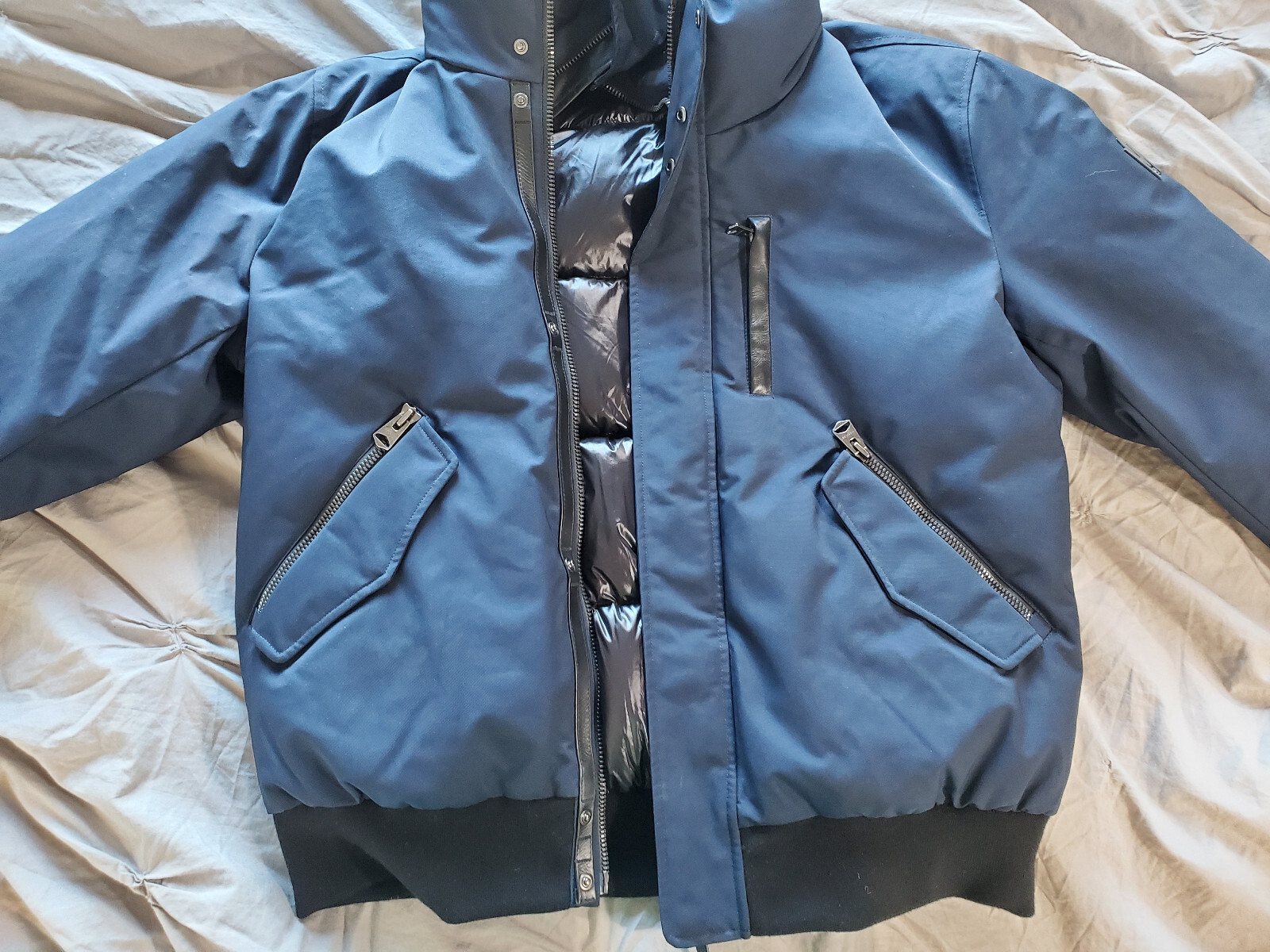 Mackage Dixon Men's Navy Blue Down Bomber Jacket Removable Hooded Bib Size 44 image 2