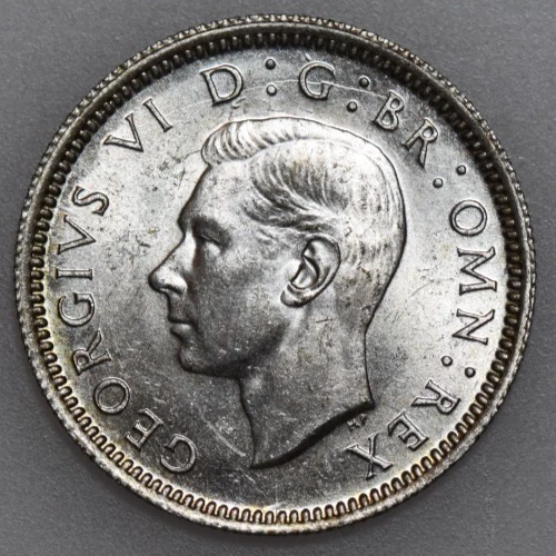 1943 GEORGE VI SIXPENCE, BRITISH SILVER COIN, BU UNDER LIGHT TONE REV. - Image 2 of 2