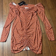 PRETTYLITTLETHING Women's Terracotta Polka Dot Ruched Bodycon Dress 10 BRAND NEW
