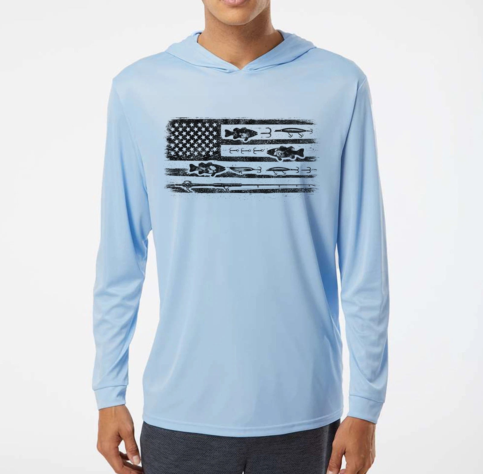 Fishing Camo Flag Sport UV Protected UPF 50 Long Sleeve T-Shirt Hood Dry Fit