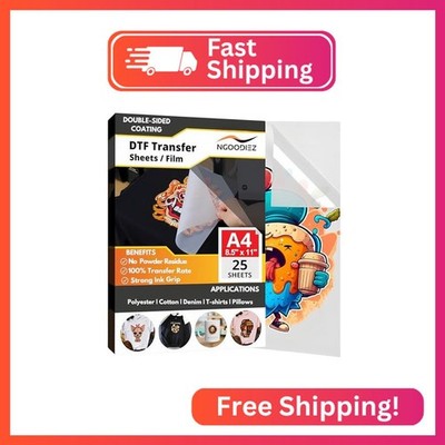 NGOODIEZ DTF Transfer Film Sheets A4 8.5'' x 11'' 25 Sheets - Premium DTF Paper fo