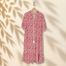 SheIn Dress Women 3XL Red Geometric Maxi Long V-Neck Tasseled Short Sleeve