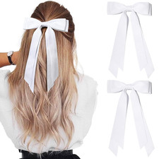 2PCS Silky Satin Hair Bows Hair Clip White Hair Ribbon Ponytail Holder Accessori