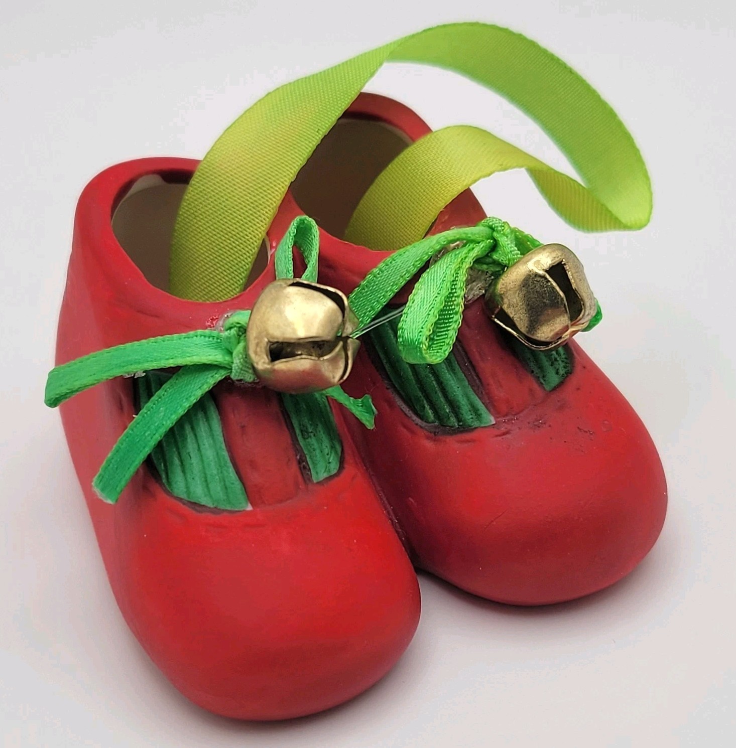 Ornament Vintage Red Ceramic Baby Shoes Bells Taiwan 2"