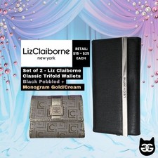 2-in-1 Liz Claiborne Women's Trifold Wallets Set Black Pebbled  Gold Monogram