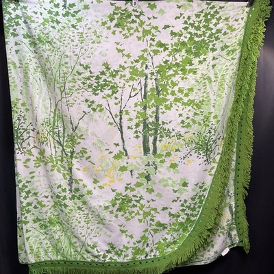Vintage 70s Sears Floral Perma Prest Mod Green Tree Fringed Bedspread 92  x 100 