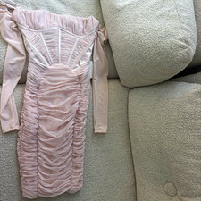 HOUSE OF CB Pink Ruched Corset Square Neck Mesh Bodycon Midi Dress XS