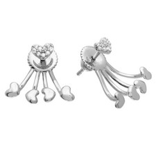 Sterling Silver CZ Stones Heart Stud Earrings w/ Hanging Heart Backing