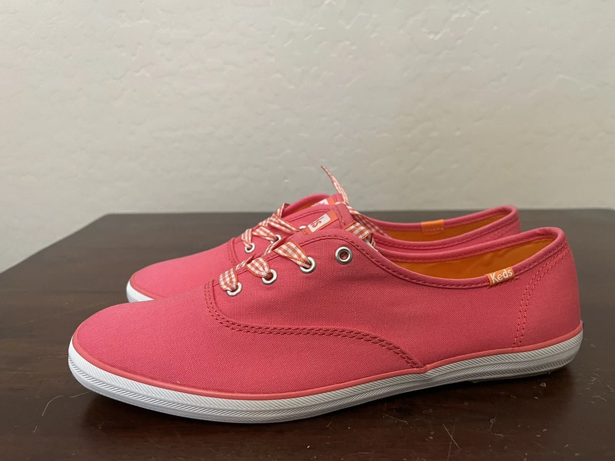 Keds Shoes Womens Size 9.5 Pink Coral Twill Gingham Lace Low Top