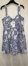 ZARA BLUE WHITE PAISLEY PRINT COTTON, LINEN BLEND MINI STRAPPY DRESS SIZE L BNWT