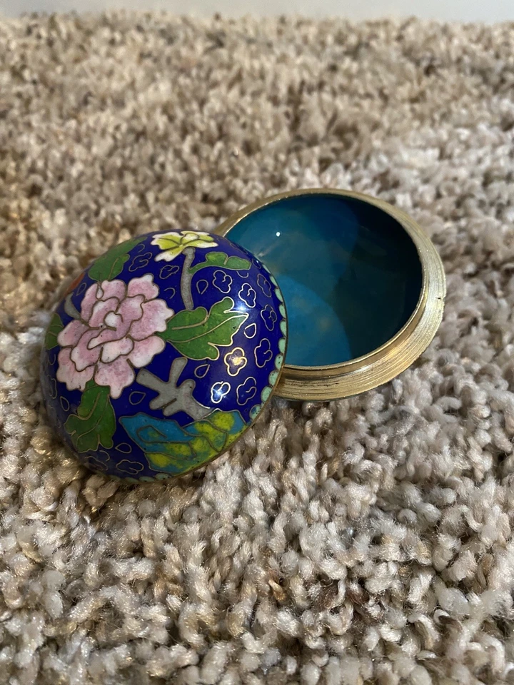 CAJA TARRO BARATIJA FLORAL ESMALTE AZUL CLOISONNE CHINO PEQUEÑO VINTAGE Foto 4 de 4